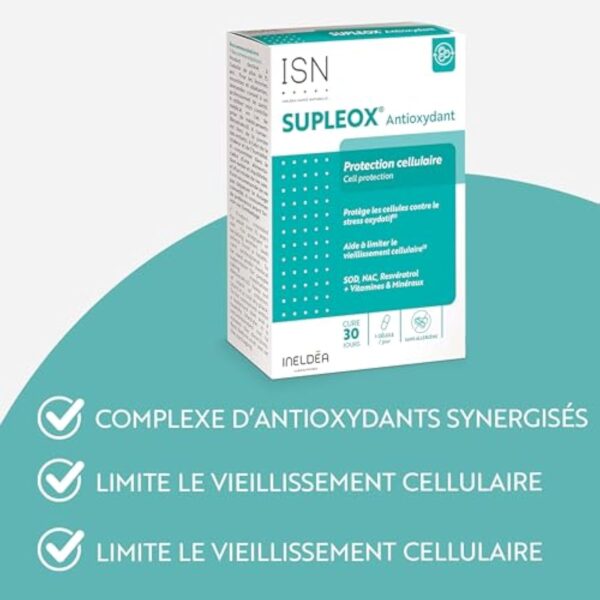 ISN - Supleox® Antioxydant - A base de Resvératrol, NAC, SOD, vitamines C & E - Aide à protéger les cellules contre le stress oxydatif - Cure 30 jours – Image 5
