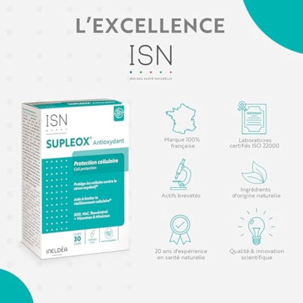 ISN - Supleox® Antioxydant - A base de Resvératrol, NAC, SOD, vitamines C & E - Aide à protéger les cellules contre le stress oxydatif - Cure 30 jours – Image 7