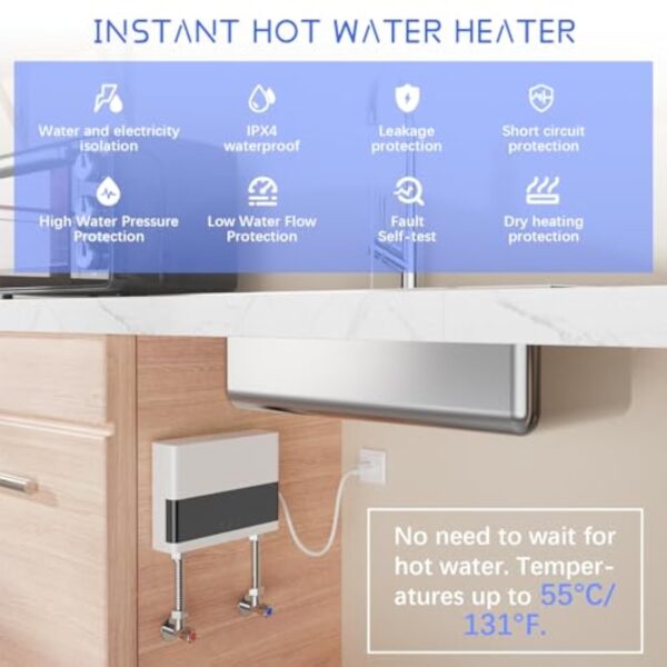 JAOGAUS Chauffe-Eau Instantané, 6000W Chauffe-Eau Sans Réservoir à Économie d'Énergie avec Télécommande, Auffe-Eau Électriques pour la Douche de Salle de Bains à la Maison avec LED (Blanc) – Image 5