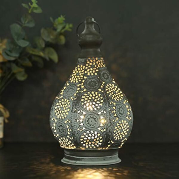 JHY DESIGN Lampe de Table de Chevet Marocaine 29,5cm Lanterne Electrique Vintage Abat-jour Marocain Oriental en pour Courtyard au jardin Intérieur Extérieur à Coucher Salon Maison (Gris) – Image 2