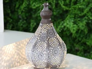 JHY DESIGN Lampe de Table de Chevet Marocaine 29,5cm Lanterne Electrique Vintage Abat-jour Marocain Oriental en pour Courtyard au jardin Intérieur Extérieur à Coucher Salon Maison (Gris)
