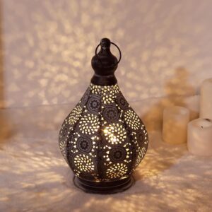 JHY DESIGN Lampe de Table de Chevet Marocaine 29,5cm Lanterne Electrique Vintage Abat-jour Marocain Oriental en pour Courtyard au jardin Intérieur Extérieur à Coucher Salon Maison (Gris)