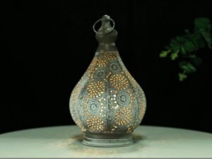 JHY DESIGN Lampe de Table de Chevet Marocaine 29,5cm Lanterne Electrique Vintage Abat-jour Marocain Oriental en pour Courtyard au jardin Intérieur Extérieur à Coucher Salon Maison (Gris)