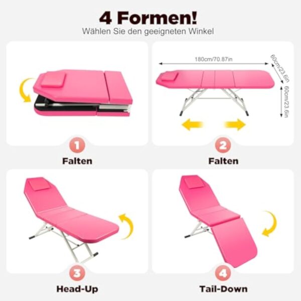 JJsdwin Lit de massage mobile, lit cosmétique, table de massage avec hauteur réglable, pliable à 3 zones, pour salons de beauté et maisons, rose – Image 4
