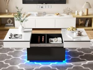 JoliJour Table Basse LED avec 2 Espaces de Rangement, Finition Haute Brillance, Coulissante pour Salon, 20 Couleurs de Lumières, 80 * 58 * 40 cm