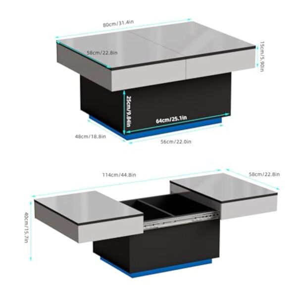 JoliJour Table Basse LED avec 2 Espaces de Rangement, Finition Haute Brillance, Coulissante pour Salon, 20 Couleurs de Lumières, 80 * 58 * 40 cm – Image 3