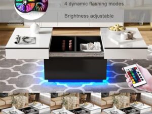 JoliJour Table Basse LED avec 2 Espaces de Rangement, Finition Haute Brillance, Coulissante pour Salon, 20 Couleurs de Lumières, 80 * 58 * 40 cm