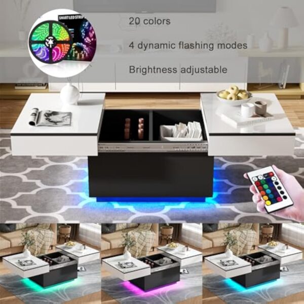 JoliJour Table Basse LED avec 2 Espaces de Rangement, Finition Haute Brillance, Coulissante pour Salon, 20 Couleurs de Lumières, 80 * 58 * 40 cm – Image 4