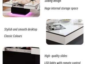 JoliJour Table Basse LED avec 2 Espaces de Rangement, Finition Haute Brillance, Coulissante pour Salon, 20 Couleurs de Lumières, 80 * 58 * 40 cm