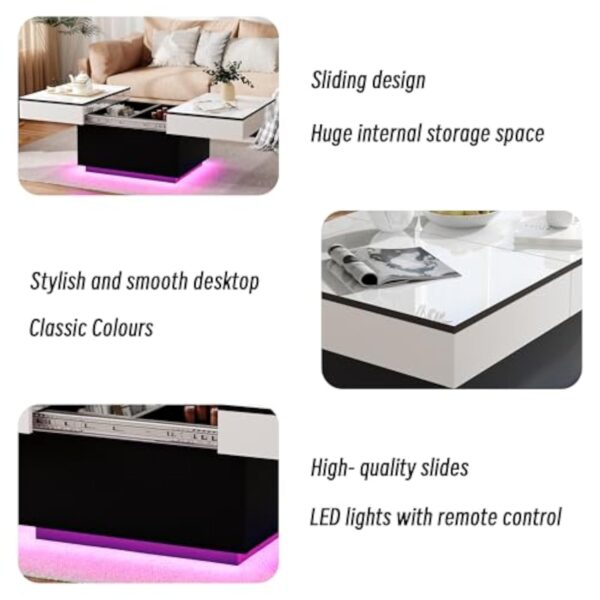 JoliJour Table Basse LED avec 2 Espaces de Rangement, Finition Haute Brillance, Coulissante pour Salon, 20 Couleurs de Lumières, 80 * 58 * 40 cm – Image 5