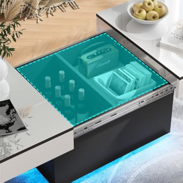 JoliJour Table Basse LED avec 2 Espaces de Rangement, Finition Haute Brillance, Coulissante pour Salon, 20 Couleurs de Lumières, 80 * 58 * 40 cm – Image 6