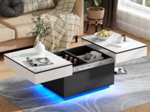 JoliJour Table Basse LED avec 2 Espaces de Rangement, Finition Haute Brillance, Coulissante pour Salon, 20 Couleurs de Lumières, 80 * 58 * 40 cm