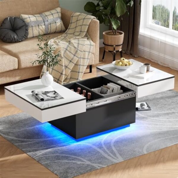 JoliJour Table Basse LED avec 2 Espaces de Rangement, Finition Haute Brillance, Coulissante pour Salon, 20 Couleurs de Lumières, 80 * 58 * 40 cm – Image 7