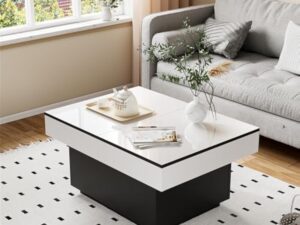 JoliJour Table Basse LED avec 2 Espaces de Rangement, Finition Haute Brillance, Coulissante pour Salon, 20 Couleurs de Lumières, 80 * 58 * 40 cm