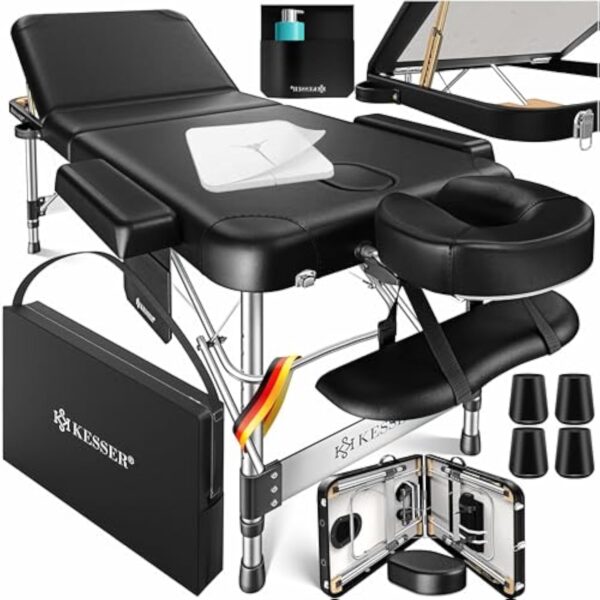 KESSER® Table de massage mobile de 70 cm de large, pliable et réglable en hauteur, 3 zones, table de massage, table de massage, table de maquillage, table de thérapie en aluminium, 10 coussins pour le