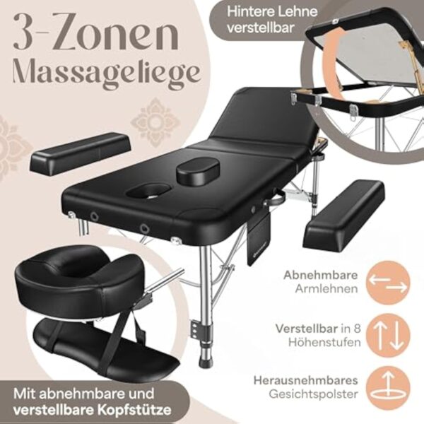 KESSER® Table de massage mobile de 70 cm de large, pliable et réglable en hauteur, 3 zones, table de massage, table de massage, table de maquillage, table de thérapie en aluminium, 10 coussins pour le – Image 4