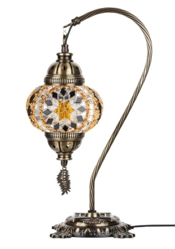 Lampe turque authentique DEMMEX, fabriquée en Turquie, lampe de chevet en mosaïque marocaine turque, 100% fabriquée à la main, corps en métal couleur laiton antique et base en métal décoré – Image 4