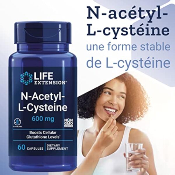 Life Extension, N-Acetyl-Cysteine (NAC), 600mg Dépôt, 1 Capsule tous les 3 Jours, 60 Capsules végétalien, Végétarien, Sans Gluten, Sans Soja, Sans OGM – Image 4