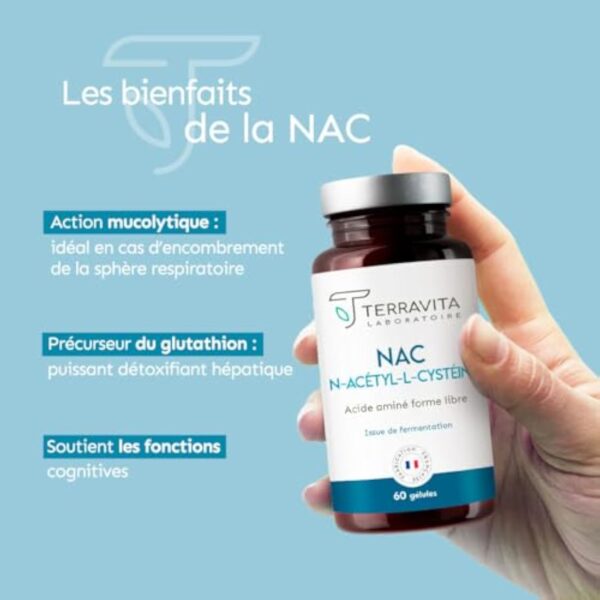 NAC N-Acétyl-Cystéine 600 mg | Action Detox | Bio Fermentation Naturelle | Sphère Respiratoire et Santé Hépatique | Précurseur de Glutathion | 60 Gélules Végétales | Made in France | Terravita – Image 3