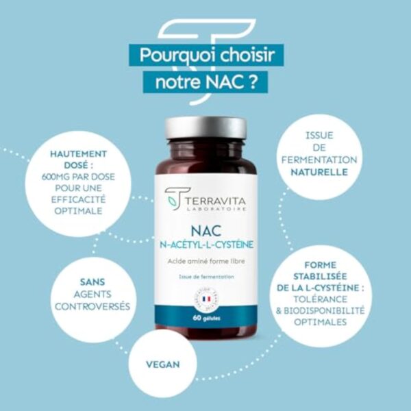 NAC N-Acétyl-Cystéine 600 mg | Action Detox | Bio Fermentation Naturelle | Sphère Respiratoire et Santé Hépatique | Précurseur de Glutathion | 60 Gélules Végétales | Made in France | Terravita – Image 4