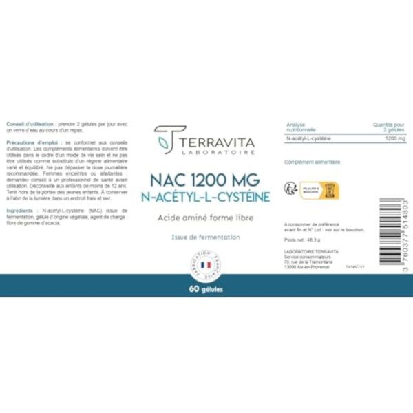 NAC N-Acétyl-Cystéine 600 mg | Action Detox | Bio Fermentation Naturelle | Sphère Respiratoire et Santé Hépatique | Précurseur de Glutathion | 60 Gélules Végétales | Made in France | Terravita – Image 7
