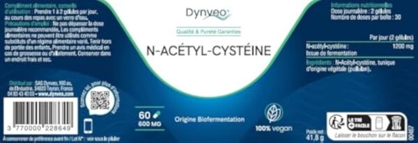 NAC N-acétylcystéine pure - 600mg / 60 Gélules - Bio-fermentation Naturelle - Acide Aminé précurseur du glutathion - Détoxification - Sans Additifs - Grade Pharmaceutique - Vegan - Dynveo – Image 3