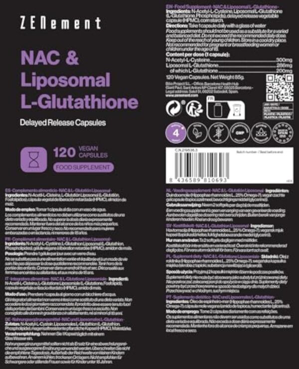 NAC avec L-Glutathion Liposomal – Formule Avancée avec N-Acétylcystéine et Glutathion à Haute Absorption – Gélules Végétales à Libération Retardée, Sans Additifs – 120 Gélules, 4 Mois – Zenement – Image 5