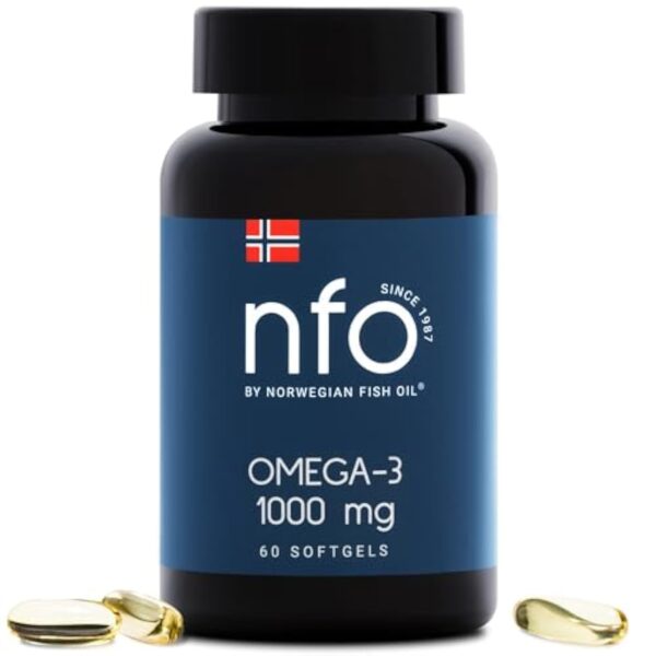NFO OMEGA 3 1000 mg [60 Capsules] Huile de poisson norvégienne concentrée en EPA et DHA avec des triglycérides et vitamine E Complexe naturel de poissons sauvages fraîchement pêchésFabriqué en Norvège