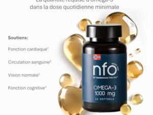 NFO OMEGA 3 1000 mg [60 Capsules] Huile de poisson norvégienne concentrée en EPA et DHA avec des triglycérides et vitamine E Complexe naturel de poissons sauvages fraîchement pêchésFabriqué en Norvège