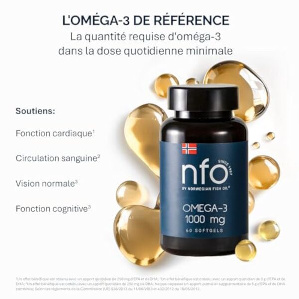 NFO OMEGA 3 1000 mg [60 Capsules] Huile de poisson norvégienne concentrée en EPA et DHA avec des triglycérides et vitamine E Complexe naturel de poissons sauvages fraîchement pêchésFabriqué en Norvège – Image 3