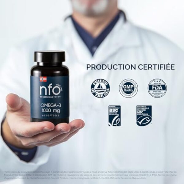 NFO OMEGA 3 1000 mg [60 Capsules] Huile de poisson norvégienne concentrée en EPA et DHA avec des triglycérides et vitamine E Complexe naturel de poissons sauvages fraîchement pêchésFabriqué en Norvège – Image 7