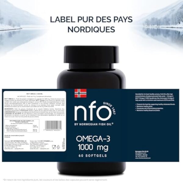 NFO OMEGA 3 1000 mg [60 Capsules] Huile de poisson norvégienne concentrée en EPA et DHA avec des triglycérides et vitamine E Complexe naturel de poissons sauvages fraîchement pêchésFabriqué en Norvège – Image 9