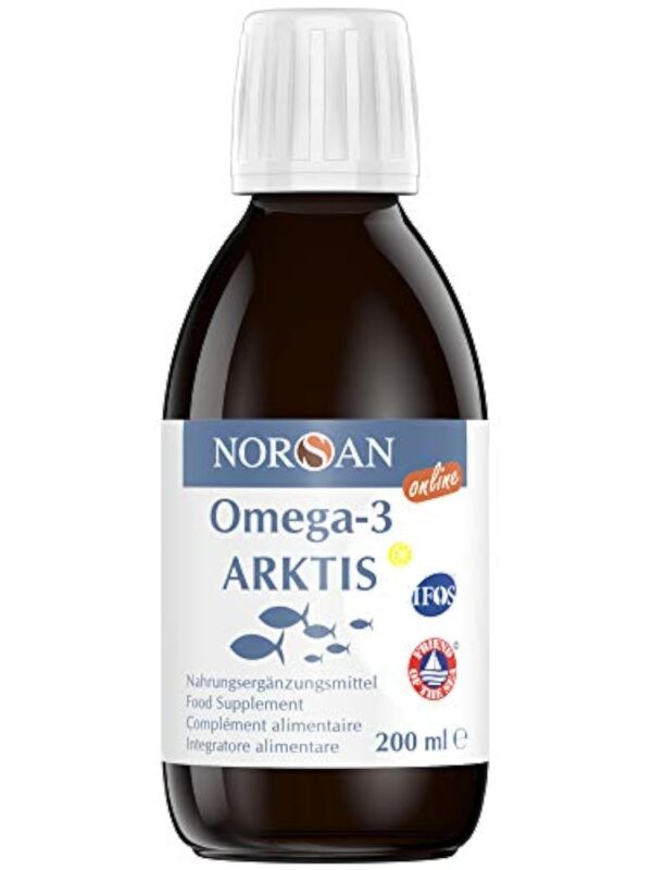 NORSAN Premium Omega 3 Huile de foie de morue de l'Arctique 200ml / 2000mg d' oméga-3 par dose journalière/huile de poisson 480mg EPA & 720mg DHA/oméga 3 huile issue de la pêche durable