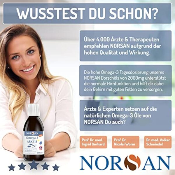 NORSAN Premium Omega 3 Huile de foie de morue de l'Arctique 200ml / 2000mg d' oméga-3 par dose journalière/huile de poisson 480mg EPA & 720mg DHA/oméga 3 huile issue de la pêche durable – Image 4