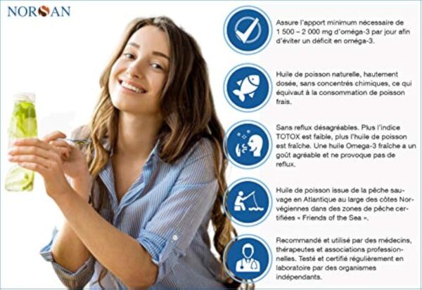 NORSAN Premium huile de poisson omega 3 Total Nature hautement dosé 200 ml / 2.000mg d’ omega 3 dose journalière/fish oil omega 3 1120mg EPA & 536mg DHA/huile poisson avec 800 IU de vitamine D3 – Image 4