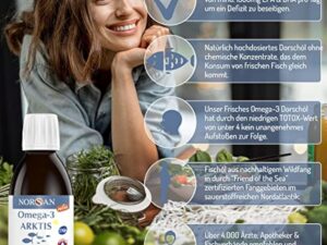 NORSAN Premium Omega 3 Huile de foie de morue de l'Arctique 200ml / 2000mg d' oméga-3 par dose journalière/huile de poisson 480mg EPA & 720mg DHA/oméga 3 huile issue de la pêche durable