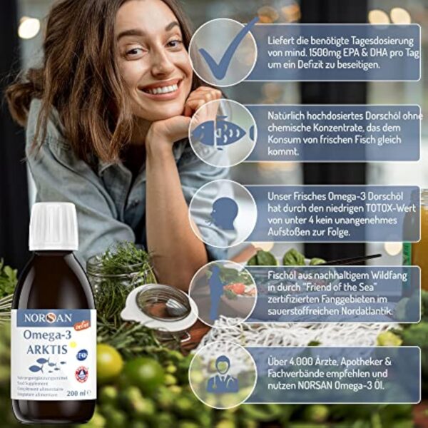 NORSAN Premium Omega 3 Huile de foie de morue de l'Arctique 200ml / 2000mg d' oméga-3 par dose journalière/huile de poisson 480mg EPA & 720mg DHA/oméga 3 huile issue de la pêche durable – Image 5