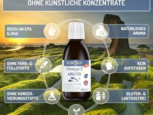 NORSAN Premium Omega 3 Huile de foie de morue de l'Arctique 200ml / 2000mg d' oméga-3 par dose journalière/huile de poisson 480mg EPA & 720mg DHA/oméga 3 huile issue de la pêche durable