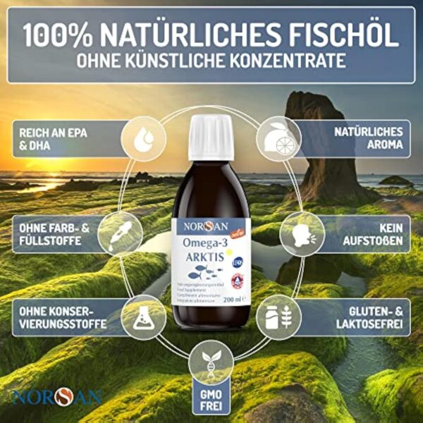 NORSAN Premium Omega 3 Huile de foie de morue de l'Arctique 200ml / 2000mg d' oméga-3 par dose journalière/huile de poisson 480mg EPA & 720mg DHA/oméga 3 huile issue de la pêche durable – Image 6