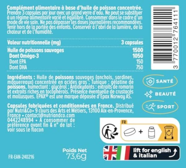 NUTRI & CO Omega 3 Huile de Poissons Sauvages EPAX®, Haute Concentration EPA DHA & Vitamine E - Issu de Pêche Durable & Huile de Poisson Pure, 120 capsules Anti Oxydation, Made in France – Image 4