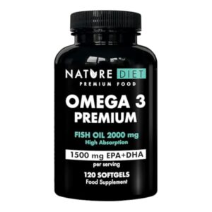 Nature Diet Omega 3 Premium - 2000 mg avec 1500 mg d'EPA et de DHA - 120 capsules molles d'huile de poisson Omega 3 à haute concentration - Approvisionnement de 2 mois