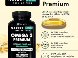 Nature Diet Omega 3 Premium - 2000 mg avec 1500 mg d'EPA et de DHA - 120 capsules molles d'huile de poisson Omega 3 à haute concentration - Approvisionnement de 2 mois