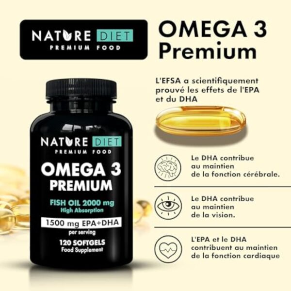 Nature Diet Omega 3 Premium - 2000 mg avec 1500 mg d'EPA et de DHA - 120 capsules molles d'huile de poisson Omega 3 à haute concentration - Approvisionnement de 2 mois – Image 3