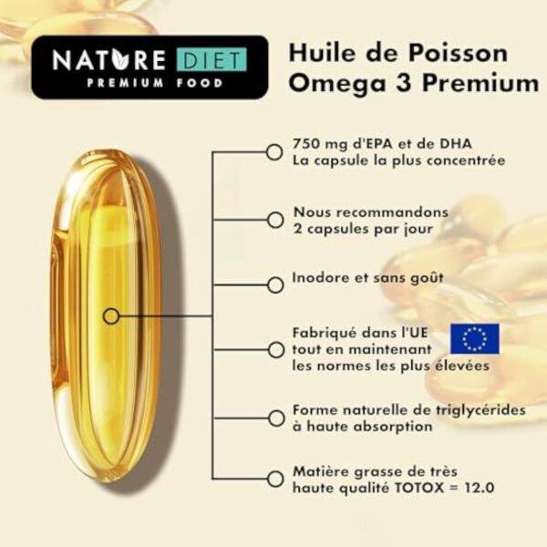 Nature Diet Omega 3 Premium - 2000 mg avec 1500 mg d'EPA et de DHA - 120 capsules molles d'huile de poisson Omega 3 à haute concentration - Approvisionnement de 2 mois – Image 5