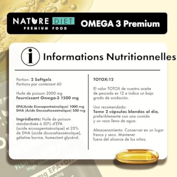 Nature Diet Omega 3 Premium - 2000 mg avec 1500 mg d'EPA et de DHA - 120 capsules molles d'huile de poisson Omega 3 à haute concentration - Approvisionnement de 2 mois – Image 7