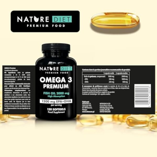 Nature Diet Omega 3 Premium - 2000 mg avec 1500 mg d'EPA et de DHA - 120 capsules molles d'huile de poisson Omega 3 à haute concentration - Approvisionnement de 2 mois – Image 8
