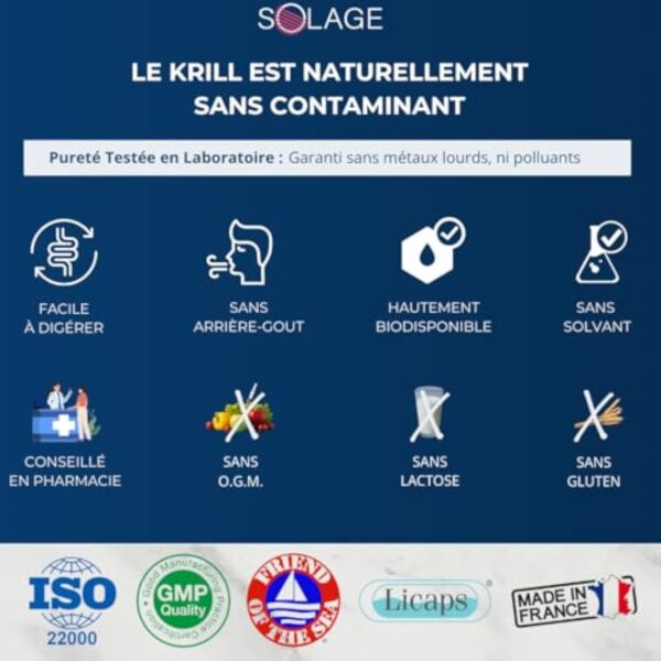 OMEGA-3 100% Huile de KRILL pure - Plus efficace que l’Huile de Poissons - 60 Capsules Licaps Sans Odeur SOLAKRILL- EPA DHA Astaxanthine Choline Vitamine A B – Fabriquée en France -Laboratoires SOLAGE – Image 8
