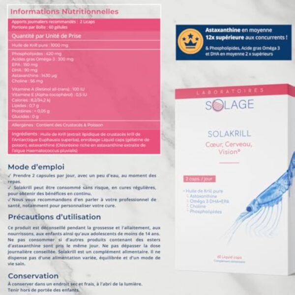 OMEGA-3 100% Huile de KRILL pure - Plus efficace que l’Huile de Poissons - 60 Capsules Licaps Sans Odeur SOLAKRILL- EPA DHA Astaxanthine Choline Vitamine A B – Fabriquée en France -Laboratoires SOLAGE – Image 9