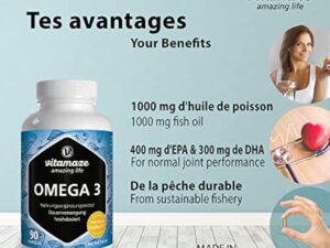 OMEGA 3 DHA EPA - 1000 mg par 1 Gélule, D'huile de Poisson pure avec 400 mg (40%) d'EPA et 300 mg (30%) de DHA pour 3 Mois, FOS Certifie, Biodisponibilite Élevée, sans Additifs