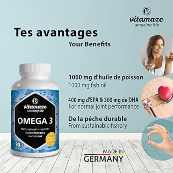 OMEGA 3 DHA EPA - 1000 mg par 1 Gélule, D'huile de Poisson pure avec 400 mg (40%) d'EPA et 300 mg (30%) de DHA pour 3 Mois, FOS Certifie, Biodisponibilite Élevée, sans Additifs – Image 3